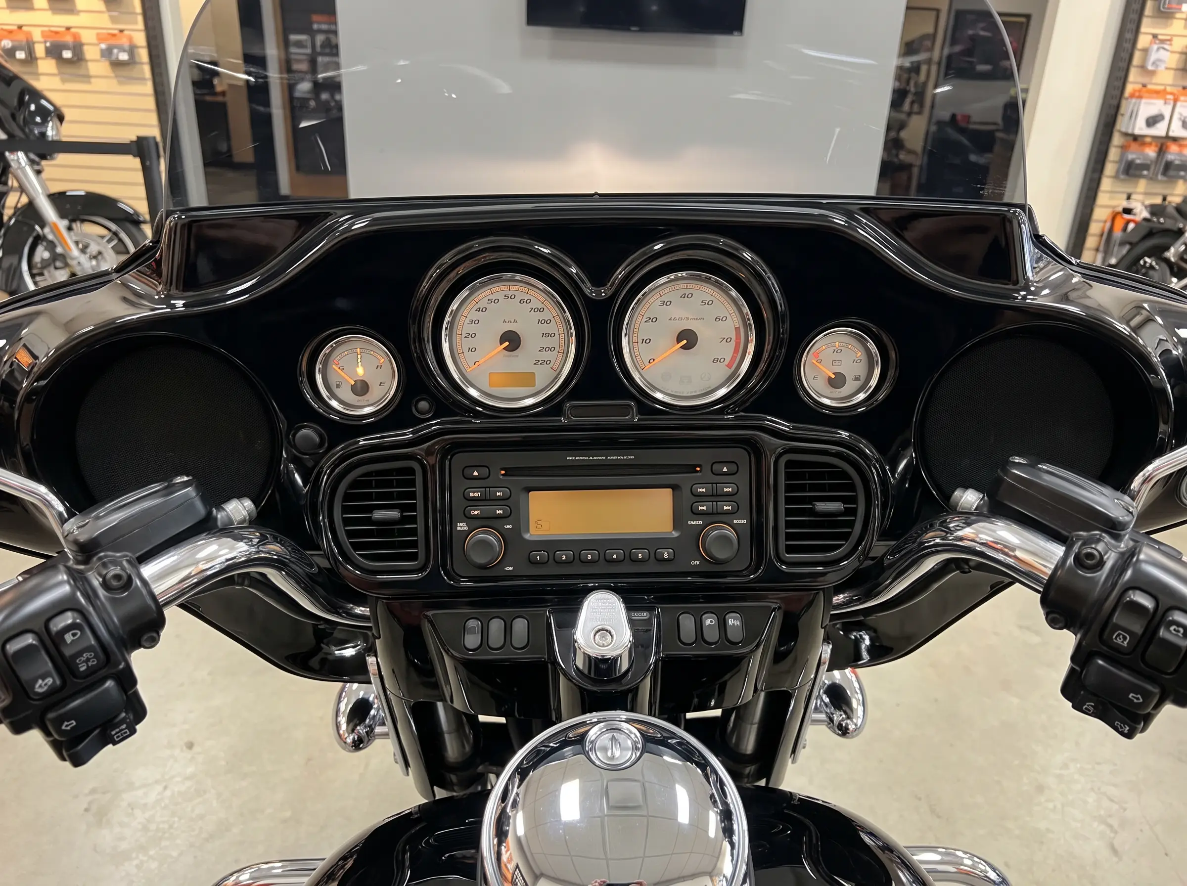 2010 Harley-Davidson Street Glide factory dashboard with the stock radio and gauges