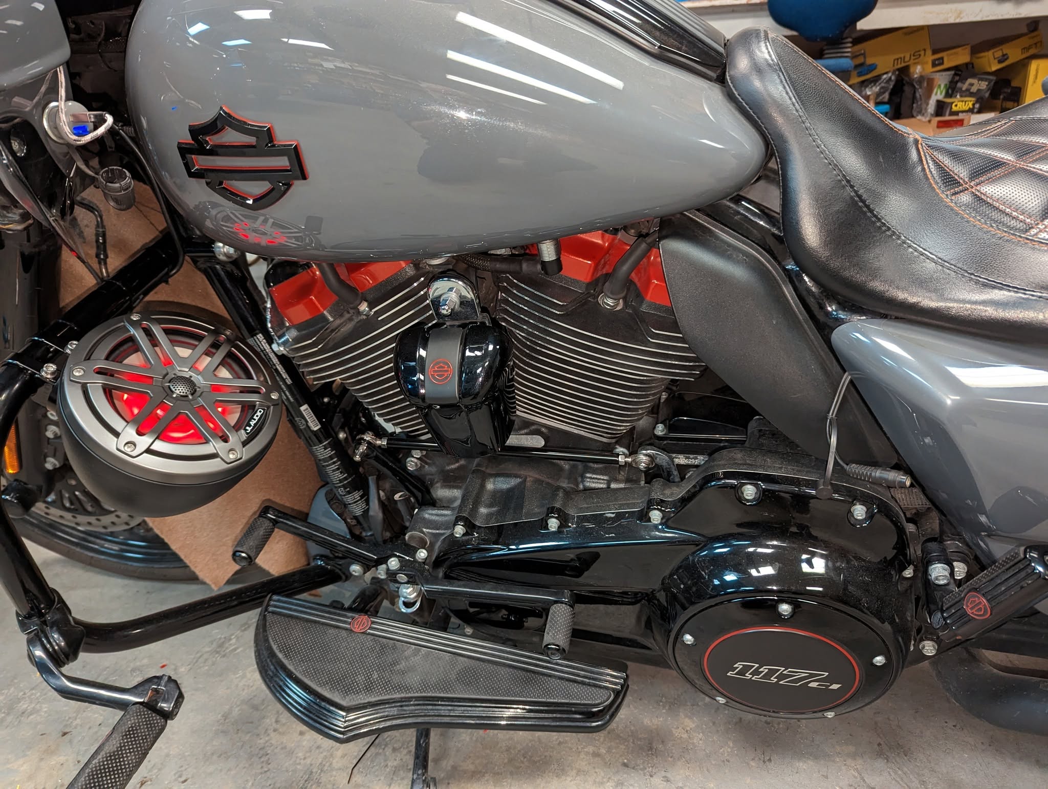 JL Audio speaker installed on a Harley-Davidson fairing at Diamond Stereo