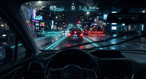 Driver-assist lane and collision alerts on a night windshield