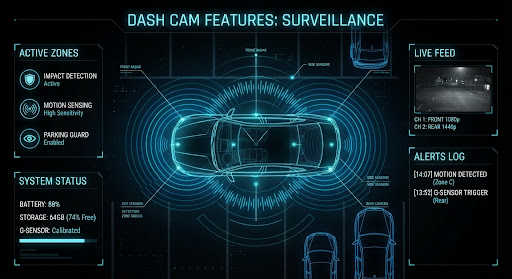 Parking surveillance impact and motion detection zones